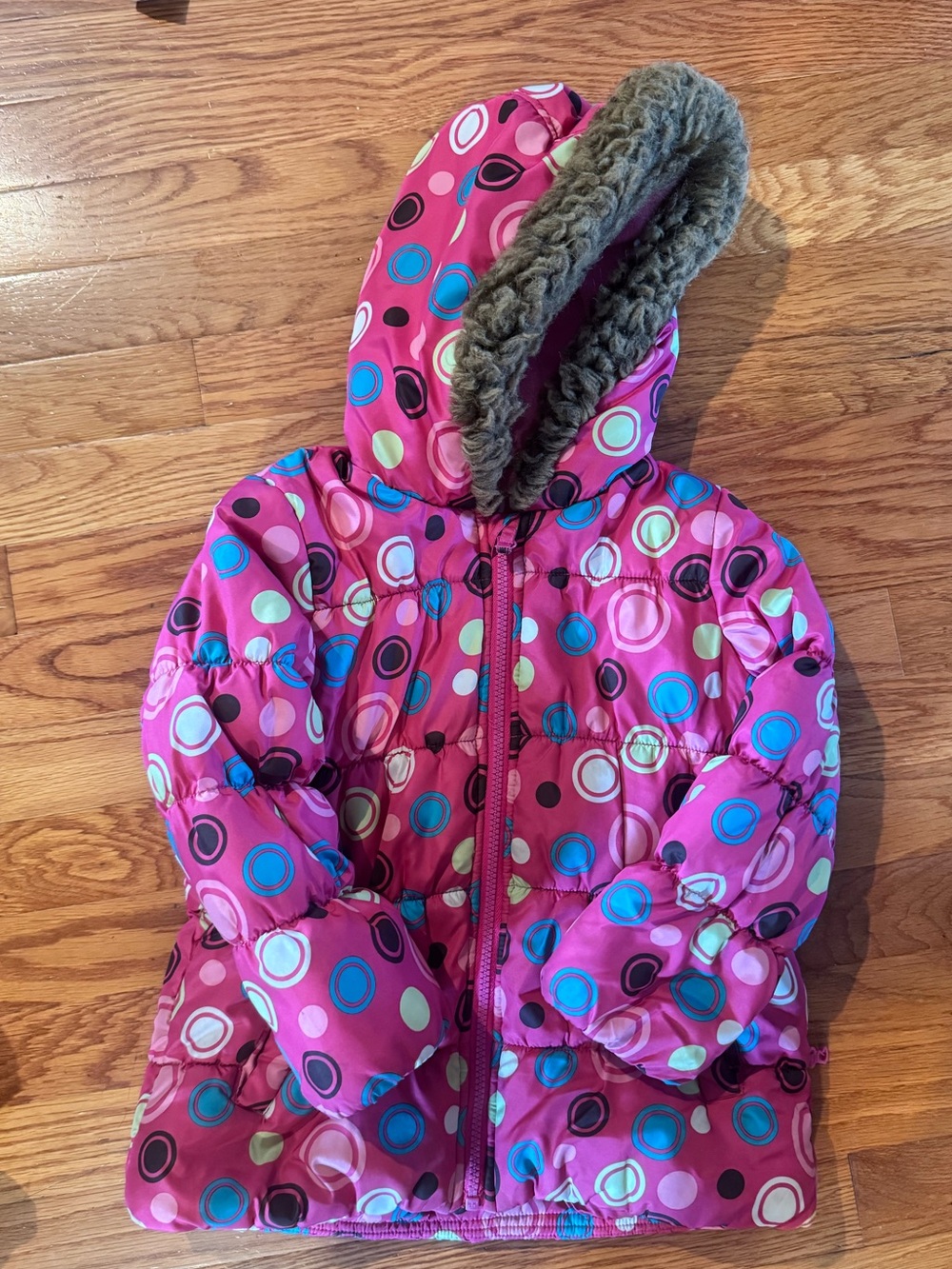 Pink Hooded Puffer Coat with Multicolor Polka Dots 4T